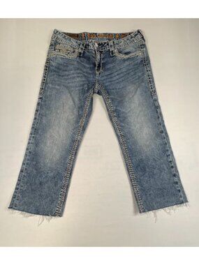 Rock Revival Women Size 30x21 Janelle Capri Blue Denim Jeans Stitched Pockets